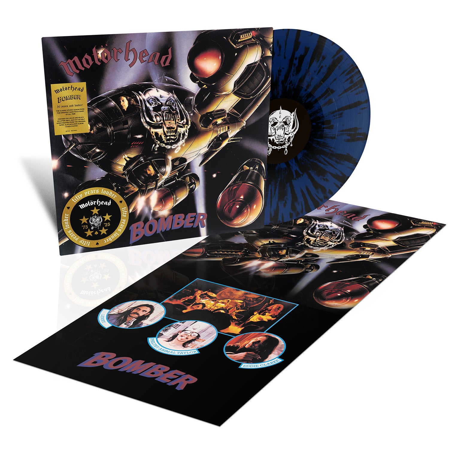 Motorhead - Bomber (50th Anniversary Dark Blue & Black Splatter + Poster)
